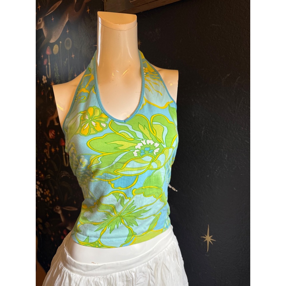 Bandolino Women Blue Green Floral Halter Top Large Retro Summer Cotton Stretch